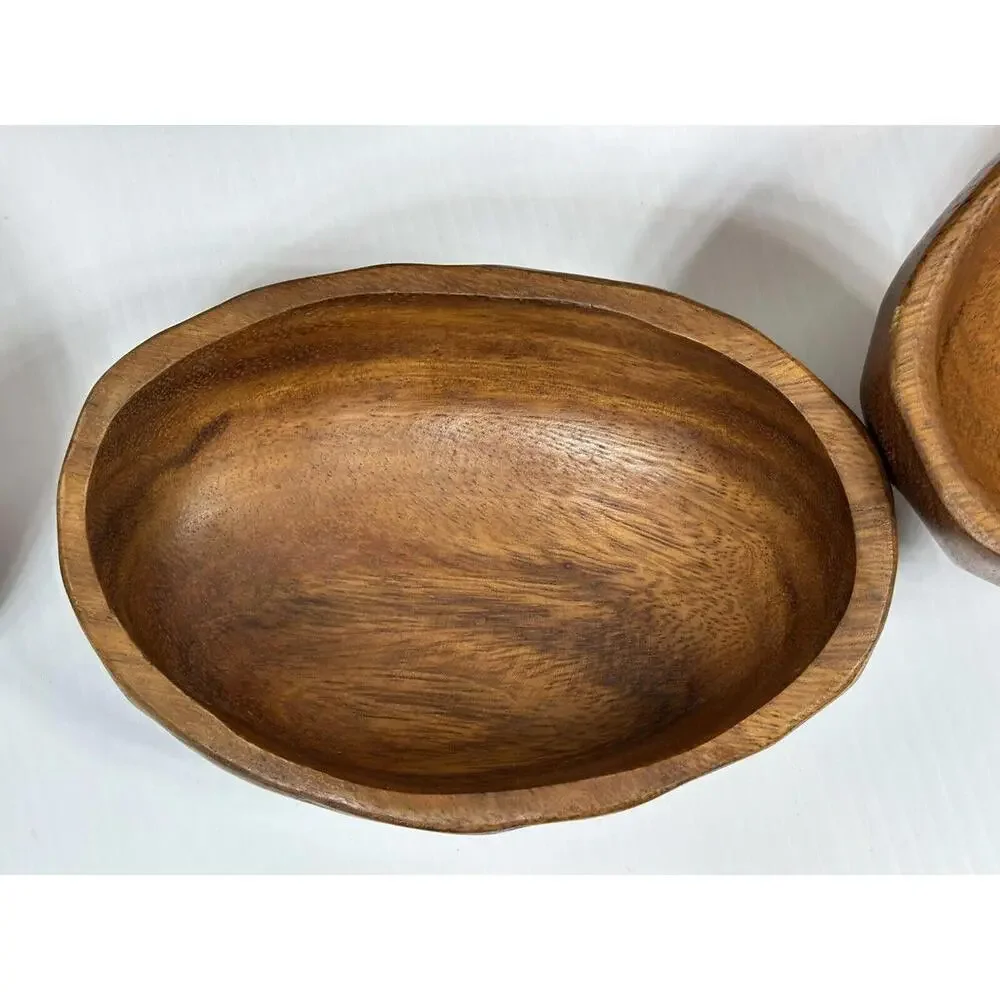 Vintage Wavy Oval Real Teak Wood Salad‎ Bowl Set Gorgeous Wood Grain 9 Niece